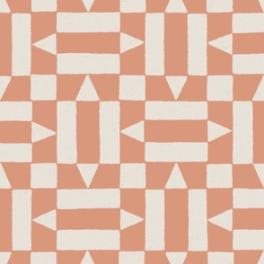 (L) Textured Geo Checker {Persimmon Muted Peach and Pearly White Cream} Earthy Patchwork, Large Scale