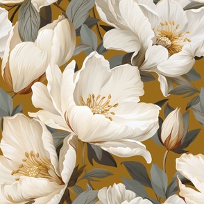 Opulent Flora XL cream magnolias on yellow ochre background soft grey green botanical