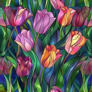 Smaller Stained Glass Tulips Purple Pink and Yellow