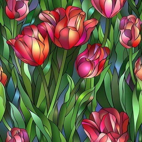 Bigger Stained Glass Red and Pink Tulips