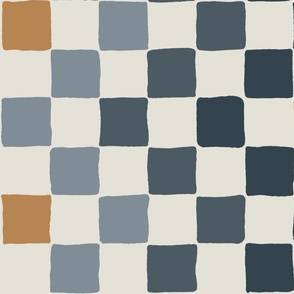 Hand drawn checker | Large Scale | Dark Blue, Powder Blue, Gold, Off White
