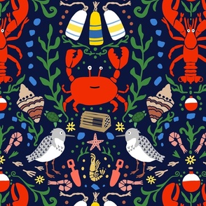crabs, lobsters and shrimp oh my (dark blue background)