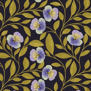Pansies with Golden Leafy Vines and Dark Background