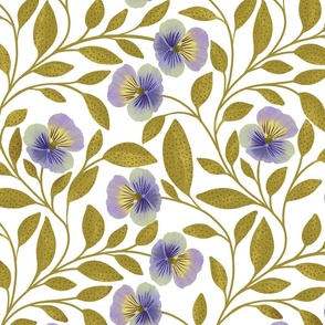 Pansies with Golden Leafy Vines on a White Background