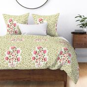  Pink and green Indian floral Boteh block print with green  foliage chintz on natural white