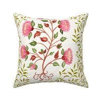  Pink and green Indian floral Boteh block print with green  foliage chintz on natural white