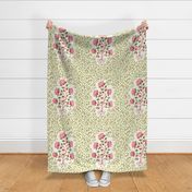  Pink and green Indian floral Boteh block print with green  foliage chintz on natural white