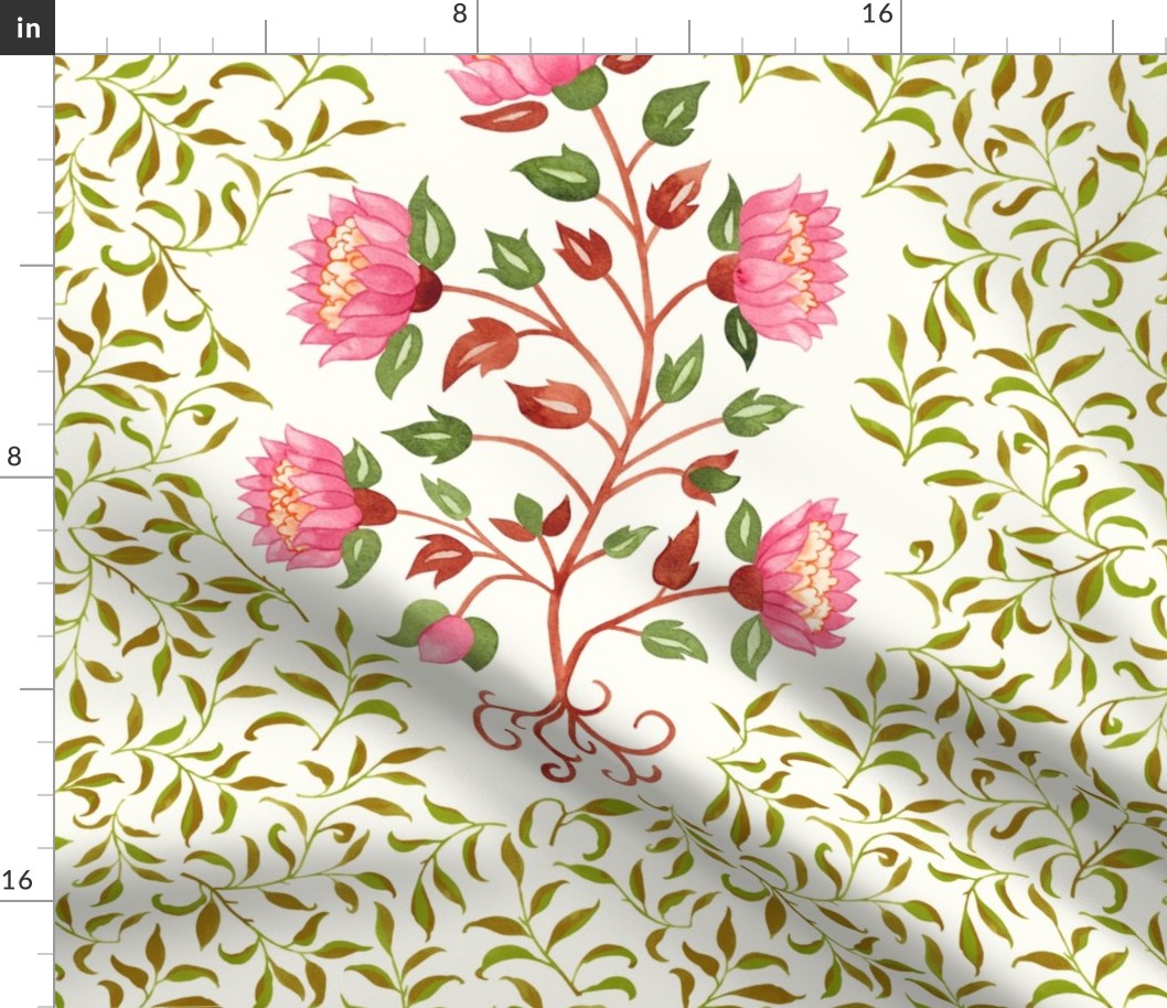  Pink and green Indian floral Boteh block print with green  foliage chintz on natural white