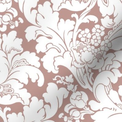 1906 Acanthus and Floral Damask White on Dusty Rose Pink