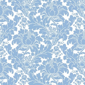 1906 Acanthus and Floral Damask Light Blue on White