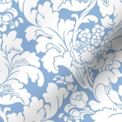 1906 Acanthus and Floral Damask White on Light Blue 