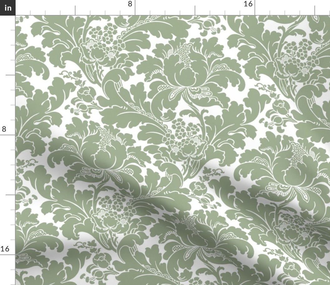 1906 Acanthus and Floral Damask Sage Green on White