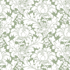 1906 Acanthus and Floral Damask White on Sage Green