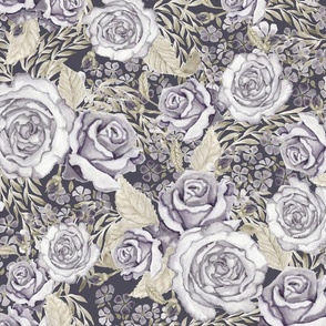 Roses And Lilacs Watercolor on Dark Blue Grey 