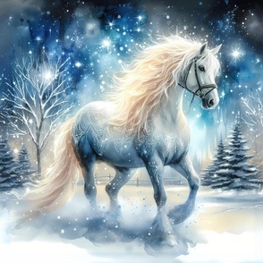 Wonderful white horse under the starry Christmas 