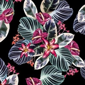 tropical striped leaves and pink flowers on a black background 