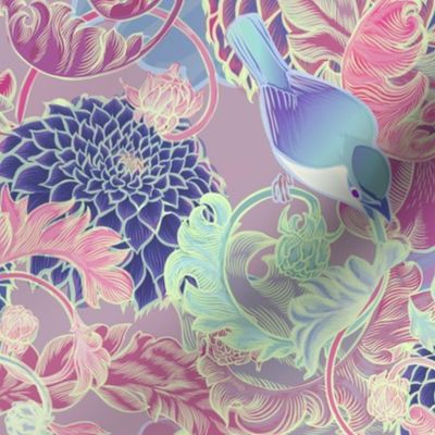 pastel magic wild songbird psychedelic garden floral 24": color rework