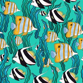 Coral reef striped  fishes . Turquoise tones