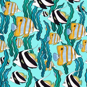 Coral reef striped fishes. Light turquoise version