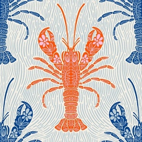 Ocean Bloom Lobster - decorative floral crustacean print - navy and orange 