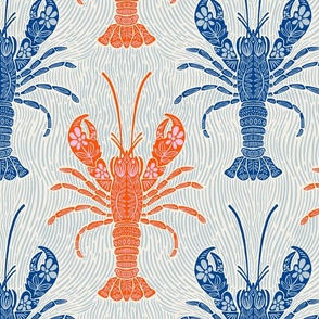 Ocean Bloom Lobster - decorative floral crustacean print - navy and orange 