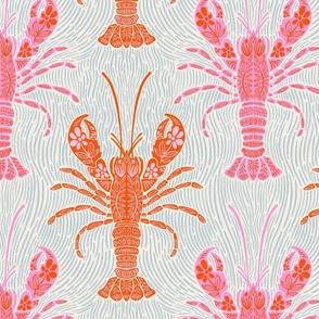 Ocean Bloom Lobster - decorative floral crustacean print - orange and pink