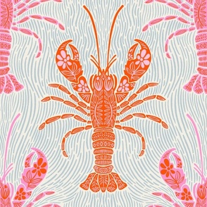 Ocean Bloom Lobster - decorative floral crustacean print - orange and pink