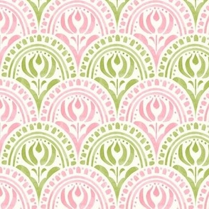 Art Deco hand painted watercolor tulip scallop pattern with rainbow shape lines and dots in soft pink and green on natural white, medium scale