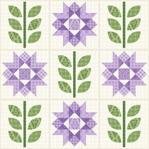 Lavender and Cream Star Flower Quilt Blocks with Stems- vertical print