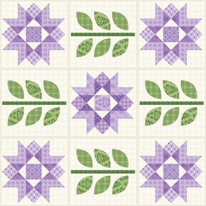 Lavender and Cream Star Flower Quilt Blocks with Stems- horizontal print
