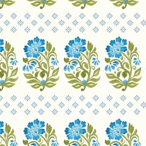 Indian Floral small Mughal  boteh watercolor hand painted motif with geometric diamond flower border in  blue on natural white