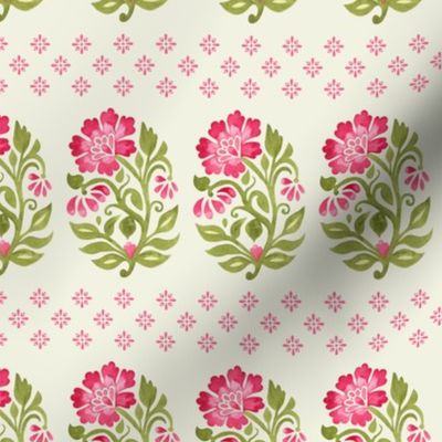Indian Floral small Mughal  boteh watercolor hand painted motif with geometric diamond flower border in pink on green mist