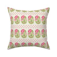 Indian Floral small Mughal  boteh watercolor hand painted motif with geometric diamond flower border in pink on green mist