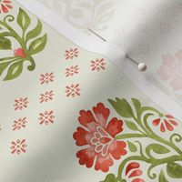 Floral small boteh watercolor hand painted motif with geometric diamond floral terra on green mist