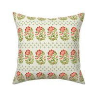 Floral small boteh watercolor hand painted motif with geometric diamond floral terracotta and green on green mist