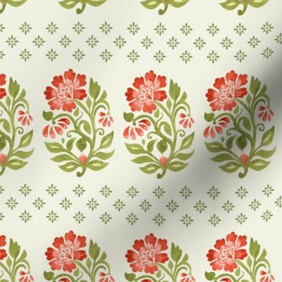 Floral small boteh watercolor hand painted motif with geometric diamond floral terracotta and green on green mist