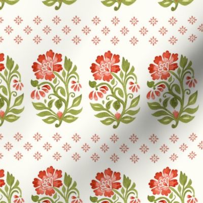 Floral small boteh watercolor hand painted motif with geometric flowers terra on natural white