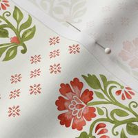 Floral small boteh watercolor hand painted motif with geometric flowers terra on natural white