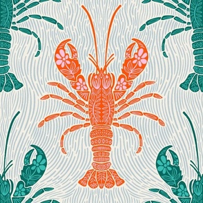 Ocean Bloom Lobster - decorative floral crustacean print - green and orange