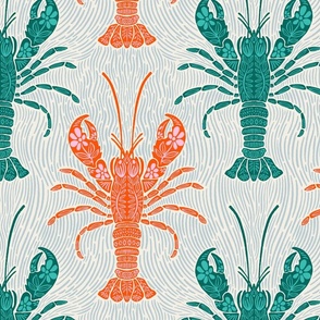 Ocean Bloom Lobster - decorative floral crustacean print - green and orange