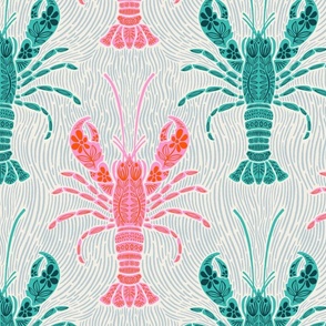 Ocean Bloom Lobster - decorative floral crustacean print - pink and green
