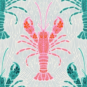 Ocean Bloom Lobster - decorative floral crustacean print - pink and green