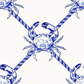 Large Coastal Watercolor Monochrome Ultramarine Blue Crustacean Crabs with Rope Diagonals and Warm White (#fbfaf6) Background 