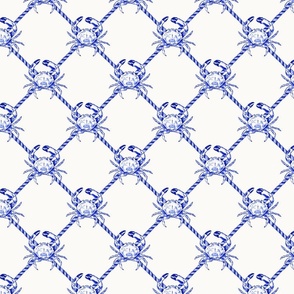 Small Coastal Watercolor Monochrome Ultramarine Blue Crustacean Crabs with Rope Diagonals and Warm White (#fbfaf6) Background 