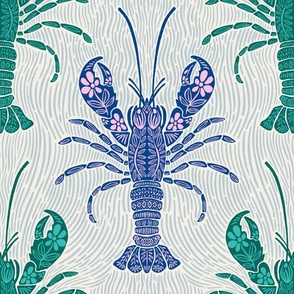 Ocean Bloom Lobster - decorative floral crustacean print - navy and green
