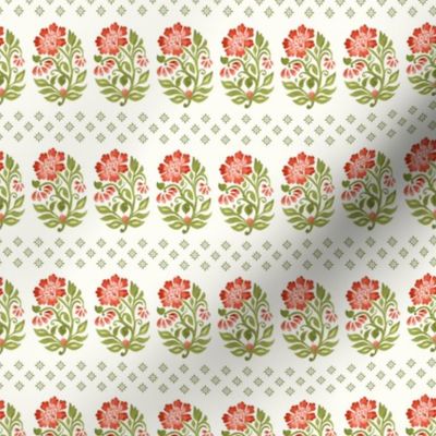 Indian Floral small Mughal  boteh watercolor hand painted motif with geometric diamond floral border in terracotta and green on natural white