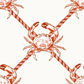 Large Coastal Watercolor Monochrome Orange Rust Red Crustacean Crabs with Rope Diagonals and Warm White (#fbfaf6) Background