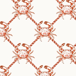 Medium Coastal Watercolor Monochrome Orange Rust Red Crustacean Crabs with Rope Diagonals and Warm White (#fbfaf6) Background