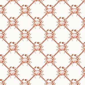 Small Coastal Watercolor Monochrome Orange Rust Red Crustacean Crabs with Rope Diagonals and Warm White (#fbfaf6) Background