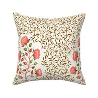 Coral orange and green Indian floral Boteh block print with foliage on natural white, large scale